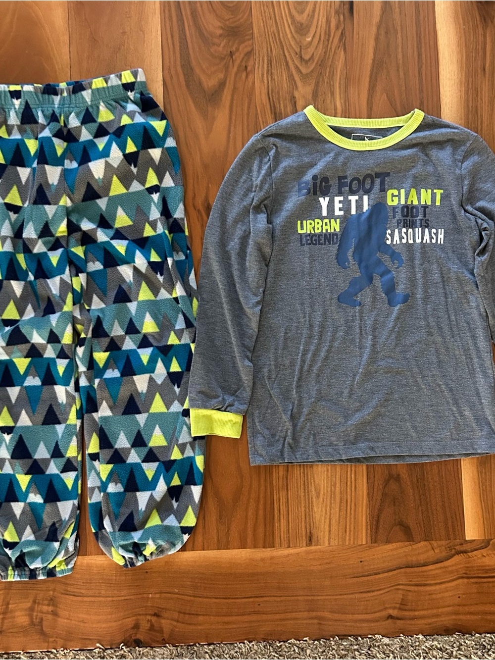 Eddie Bauer Boys Grey and Blue Bigfoot Pajama Set with Neon Trim